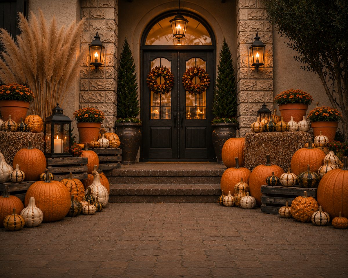 The Grand Harvest: a grand twilight walkway lined with tiered bales, mums, pumpkins, gourds, pampas grass, and lit lanterns, with wreaths on the door.