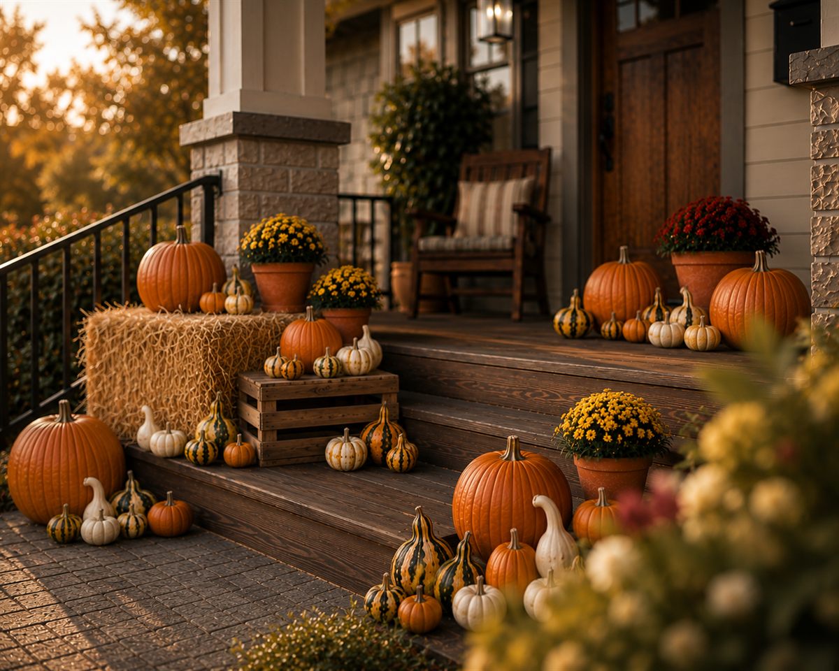 A close styling detail: pumpkins, striped gourds, and a potted mum beside a hay bale in warm evening light.