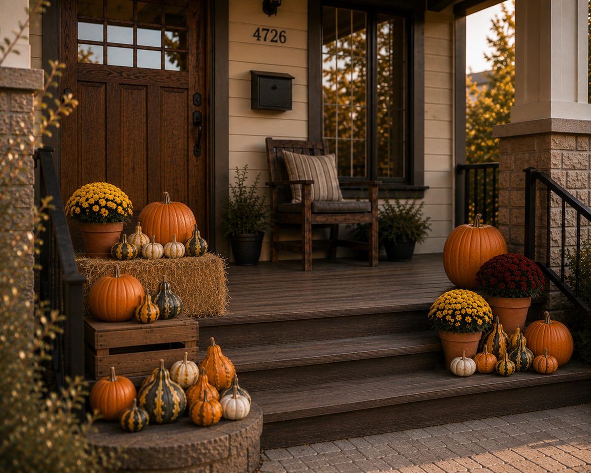 The Harvest Porch: yellow and burgundy mums, pumpkins, striped gourds, a hay bale, and a wood crate framing a front door in golden light.
