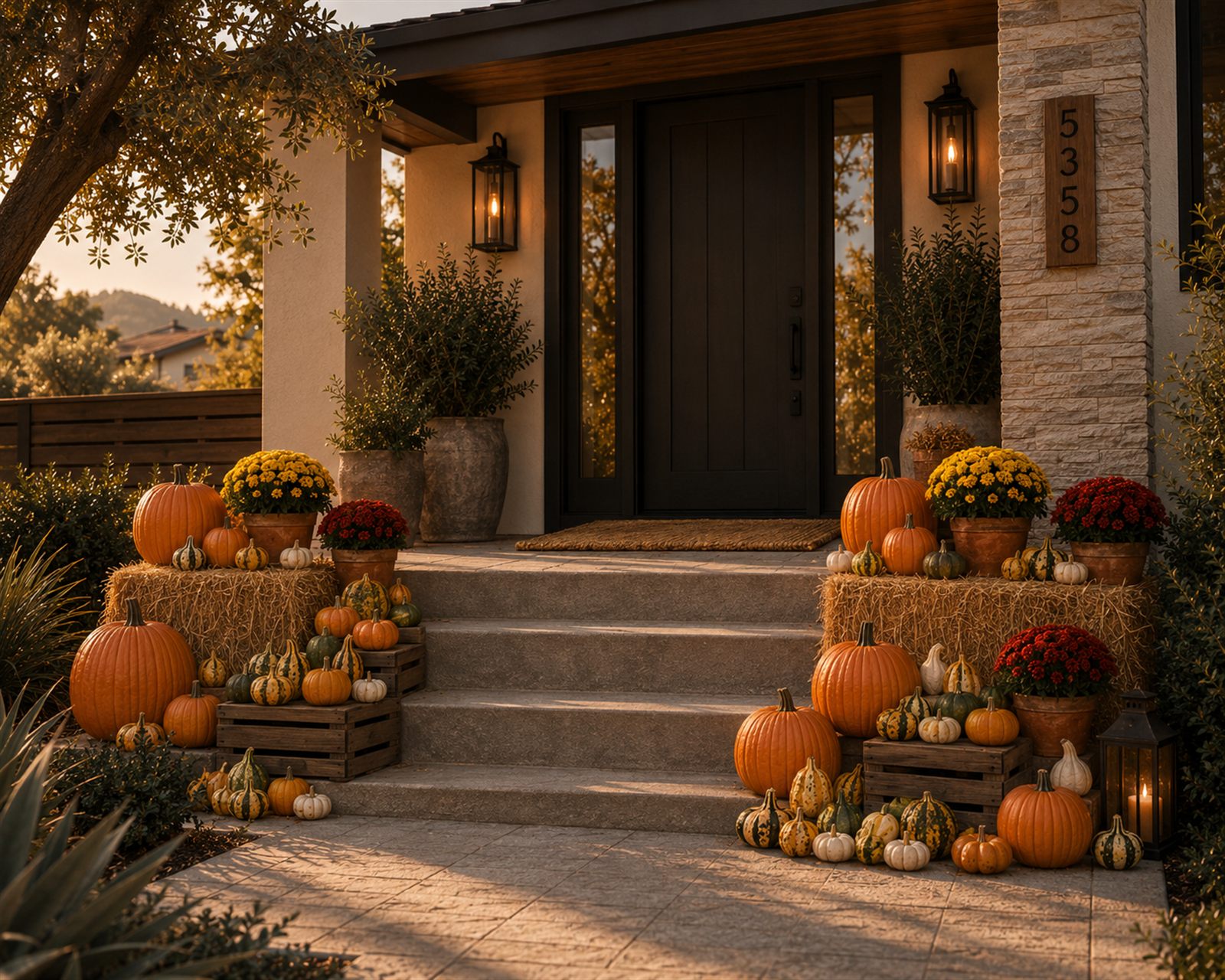 A styled fall entry at golden hour: hay bales, mums, pumpkins, and gourds framing the steps on both sides, with lit lanterns.