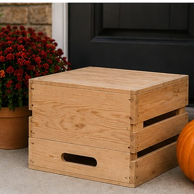A rustic pinewood crate at a front door beside a pumpkin and a potted mum