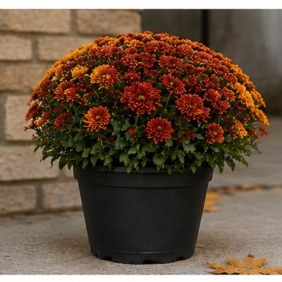 A full mound of red and gold mums in a dark planter on a porch