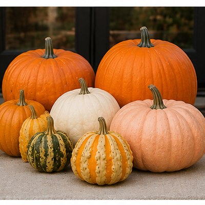 A grouping of orange, white, and blush pumpkins with small striped gourds