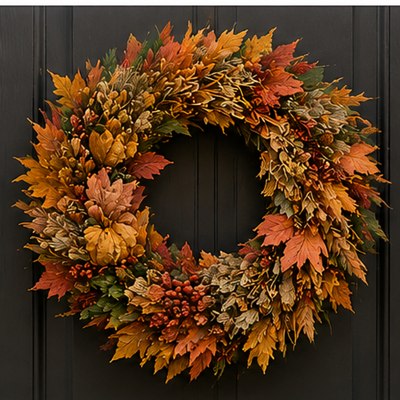 A full autumn leaf wreath in rust, gold, and green hanging on a dark front door