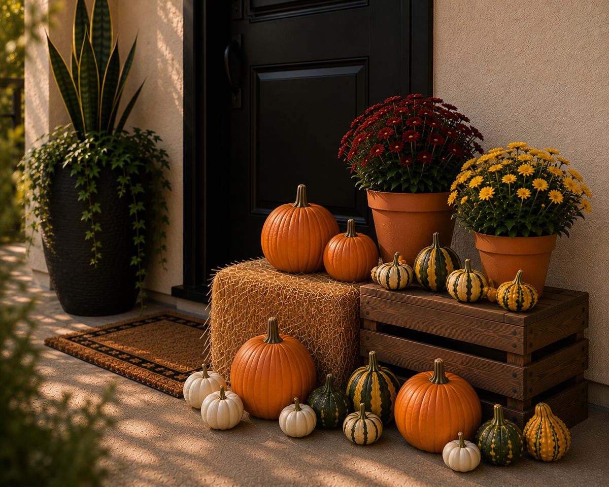 The Pumpkin Porchlet: a burgundy mum on a rustic wood crate beside pumpkins, striped gourds, and a small hay bale at a front door.